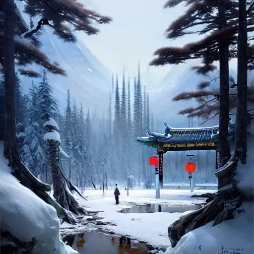 Prompt: a portal from beautiful chinese forest to alaskan tundra snow covered landscape painted by greg rutkowski, makati shinkai, james gurney, wlop