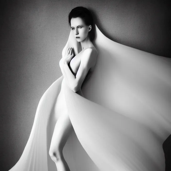 Image similar to portrait of a beautiful woman like a fallen angel, total body dressed in long elegant intricate ornamental white dress, smooth, sharp focus, fine art photography by Giovanni Gastel, professional studio lighting, volumetric lighting, dark colors , hyper realistic photography , in style of Vogue Fashion magazine