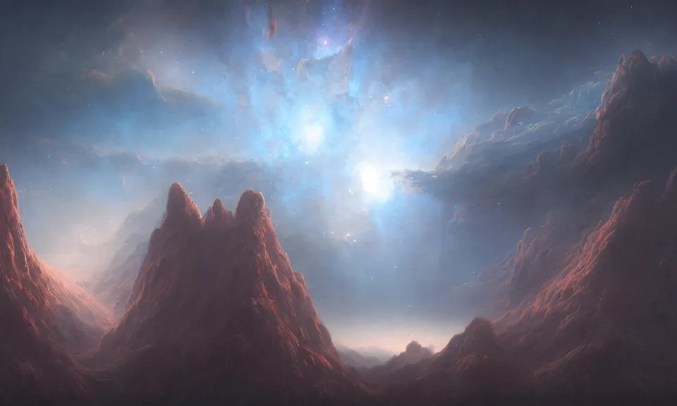 Image similar to A highly detailed 4K fantasy matte painting of a nebula in the sky mountains, zdzislaw beksinski, ArtStation, CGSociety, Unreal Engine