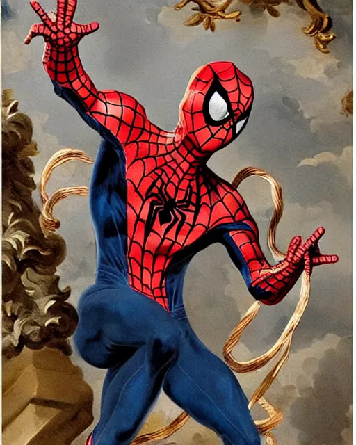 Prompt: peter parker spiderman, wearing a beautiful 1 8 th century suit with flounces and ribbons, rococo style, francois boucher style, highly detailed, very realistic, painterly style