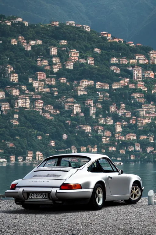 Image similar to Photo of a silver Porsche 911 Carrera 3.2 parked on a dock in Lake Como in the background, daylight, dramatic lighting, award winning, highly detailed, 1980s Versace ad, fashion photography, fine art print, best selling.