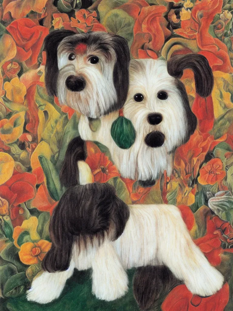 Prompt: portrait of a cream colored havanese dog as with a unibrow, surreal background, by frida kahlo