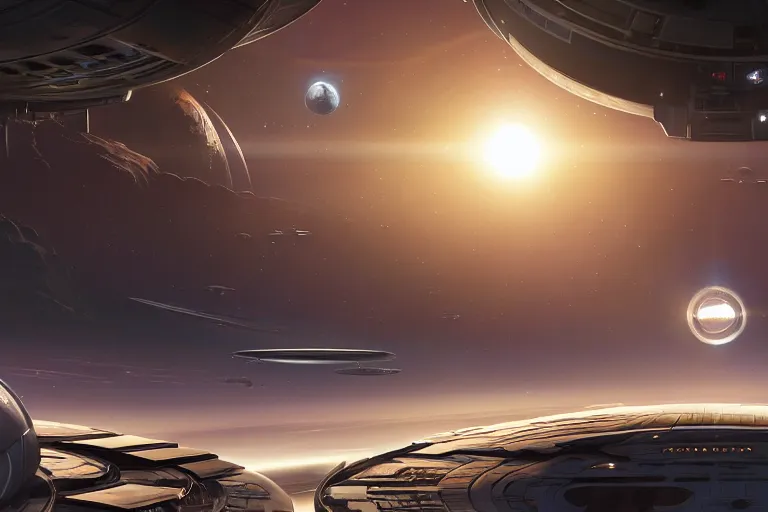 Image similar to exterior shot of a space base with a huge windows in orbit of a planet, you can see the planet below clearly, the planet is warm with canyons, sharp focus, concept art, very detailed, very realistic, trending on artstation, in the style of star citizen, star wars, overwatch, elite dangerous, beautiful, sci fi, cinematic shot, great composition