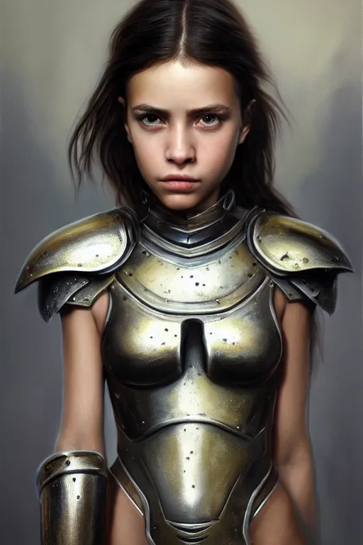 Image similar to a photorealistically painted portrait of an attractive young girl, partially clothed in metal-plated battle armor, with an abstractly painted background, flawless olive skin, fair complexion, long dark hair, beautiful bone structure, perfectly symmetric facial features, perfect photorealistic eyes, natural physique, intricate, elegant, digital painting, concept art, finely detailed, beautifully illustrated, sharp focus, minimal artifacts, volumetric lighting, from DOOM and Halo, by Ruan Jia and Mandy Jurgens and Artgerm and William-Adolphe Bouguerea, in the style of Greg Rutkowski, trending on Artstation, award winning art