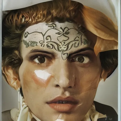 Image similar to a close up portrait of a beautiful athletic young persian male with his face covered in silver leaf , photographed by erwin olaf, artistic