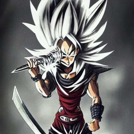 Image similar to realistic art style, ultra - detailed, saiyan girl, wild spiky red hair, long spiky hair, electrified hair, holding scimitar made of bone, scimitar, sword, jagged sword, curved sword, orkish sword, colorized, gray skin, hyper - detailed, primeval fantasy, prehistoric fantasy, drawn by frank frazetta and boris vallejo