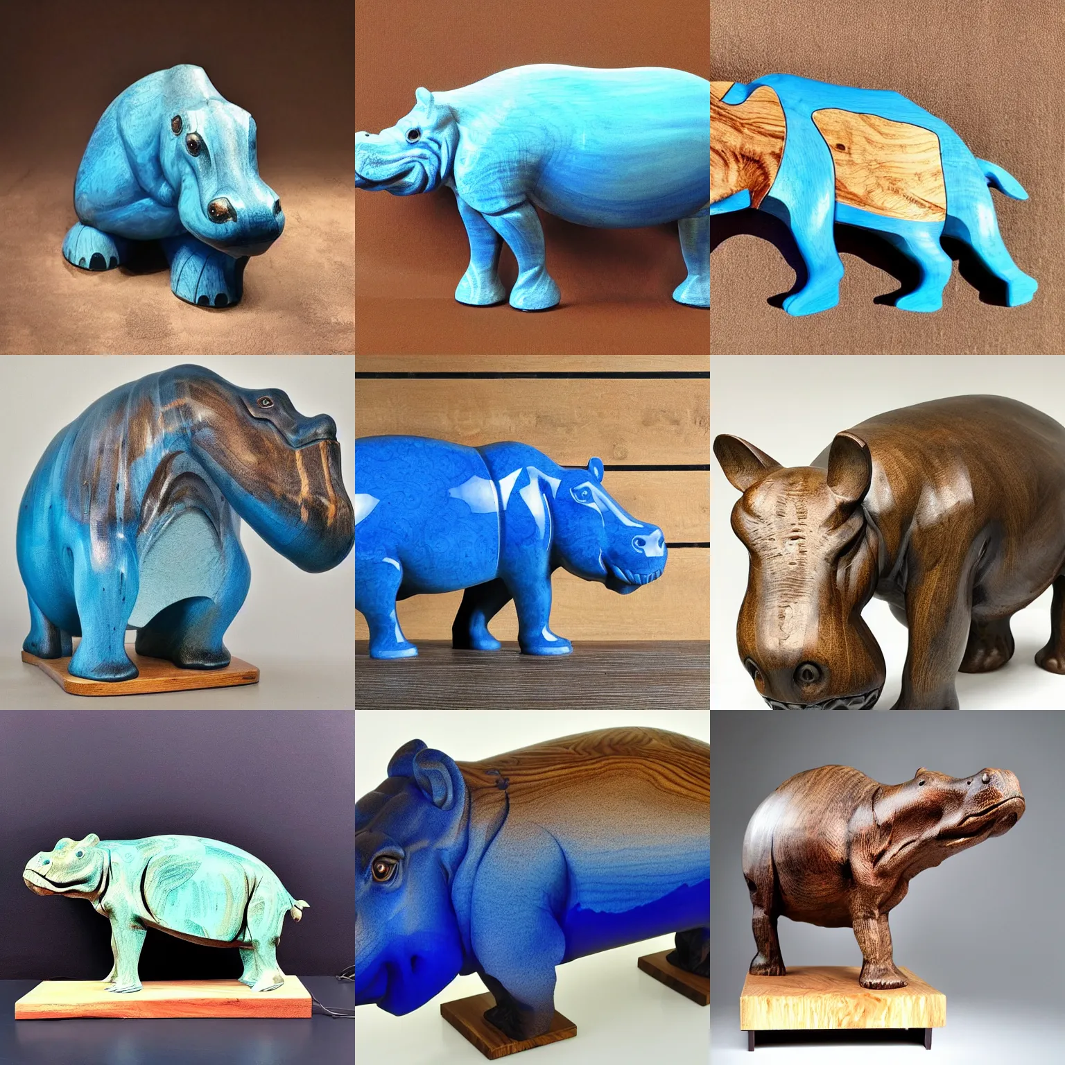 Prompt: hippopotamus, wood art, blue!! epoxy resin, sculpture, wood carving, wood sculpture, wood art, wooden decoration, hand made, wooden hippo, studio lighting
