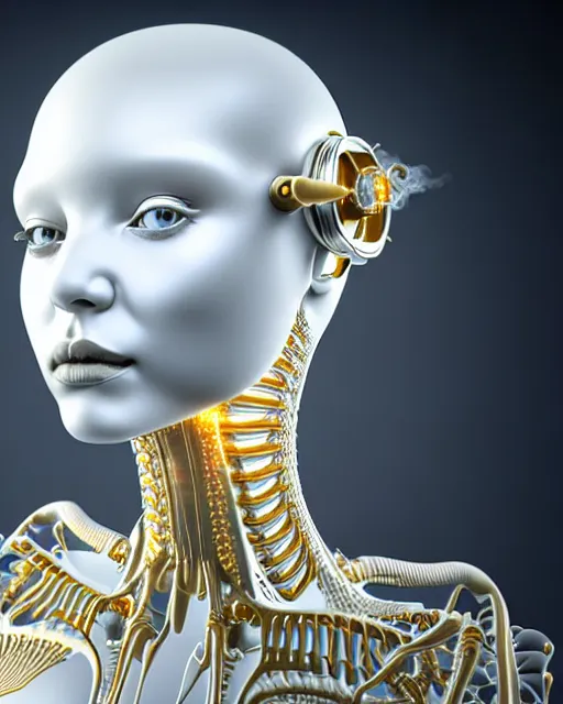 Image similar to white background, halo, dreamy foggy elegant soft luminous profile face 3 d render of a beautiful young golden biomechanical - female - cyborg with a delicate detailed gold mandelbrot fractal texture skin and a very long neck with white gothic pearl embroidered collar, white smoke atmosphere, hg giger, 8 k