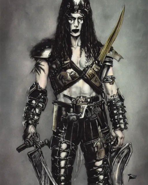 Image similar to portrait of a skinny punk goth soldier wearing armor by simon bisley, john blance, frank frazetta, fantasy, barbarian