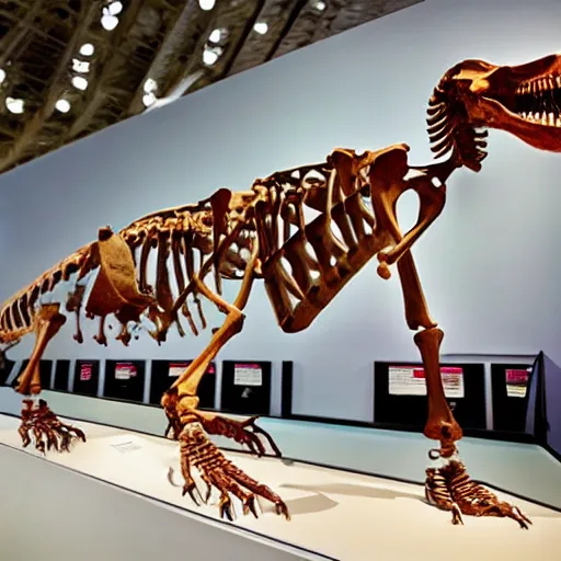 Image similar to the skeleton of a dachshund tyrannosaurus rex in a museum. Tourists are looking