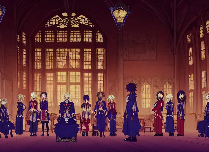 Image similar to key anime visual portrait of a castle's main hall interior with throne, servants, nobles, designed by mika pikazo, dynamic pose, dynamic perspective and angle, cinematic, film grain, detailed, intricate, at night, dramatic lighting