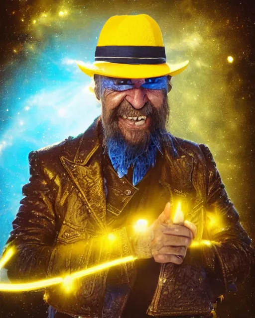 Prompt: an intimate portrait of a gnarly human captain, old skin, faded fedora, charming, strong leader, metal eye piece, a look of cunning, big smile, detailed matte fantasy painting, golden space scene, lasers, sparks, yellow and blue and cyan