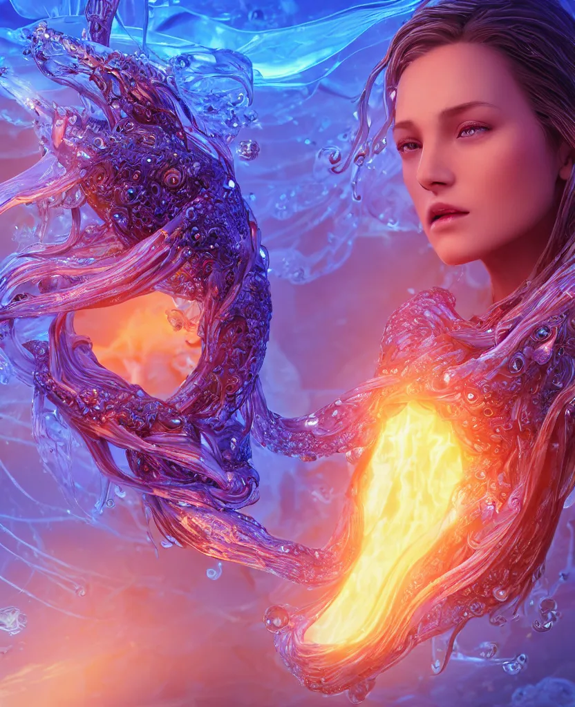 Image similar to close-up macro portrait of the face of a beautiful princess, epic angle and pose, symmetrical artwork, 3d with depth of field, blurred background, cybernetic jellyfish female face skull phoenix bird, translucent, nautilus, energy flows of water and fire. a highly detailed epic cinematic concept art CG render. made in Maya, Blender and Photoshop, octane render, excellent composition, cinematic dystopian brutalist atmosphere, dynamic dramatic cinematic lighting, aesthetic, very inspirational, arthouse. y Greg Rutkowski, Ilya Kuvshinov, WLOP, Stanley Artgerm Lau, Ruan Jia and Fenghua Zhong