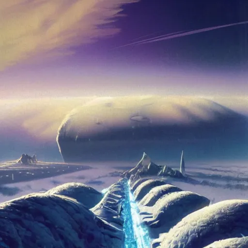 Image similar to Frozen frontiers on an alien planet, floating mountains above clouds in the background, vanishing perspective of a road, ravine, Syd Mead, John Harris, Federico Pelat,