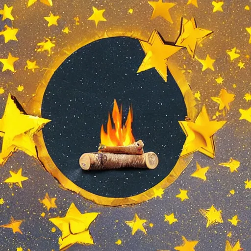 Image similar to a comfy crackling outdoor campfire in front of a very dark background of yellow illustrated stars, astrophotography, warm muted colors, cut paper photo collage with photograph and illustration