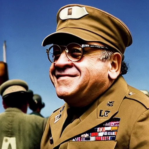 Prompt: Danny DeVito as a WW2 era American general watching a mushroom cloud explode