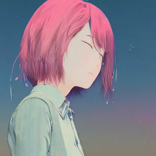 Image similar to a super detailed moe protagonist girl with pink hair in a field by inio asano, beeple and james jean, aya takano color style, 4 k, super detailed, night sky, digital art, digital painting, celestial, majestic, colorful