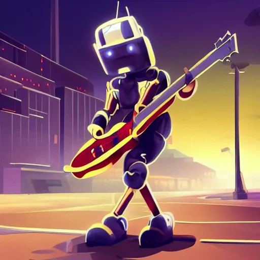 Prompt: A cell animation of a robot playing guitar standing in a futuristic city street, macross, gundam, ghibli style, illustration, anime, trending on artstaion