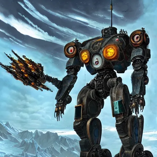 Image similar to pacific rim robot standing in Antarctica, full body, steam punk, 70's sci-fi, extremely detailed digital painting, in the style of Fenghua Zhong and Ruan Jia and Jermy lipking and peter mohrbacher, mystic colors, highly detailed, deep aesthetic, 8k, highly ornate intricate details, cinematic lighting, rich colors, digital artwork, ray tracing, hyperrealistic, photorealistic, cinematic landscape, trending on artstation,