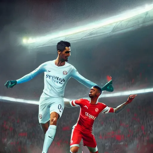 Image similar to mikel arteta spoon feeding gabriel jesus at the emirates, style of by jordan grimmer and greg rutkowski, crisp lines and color,