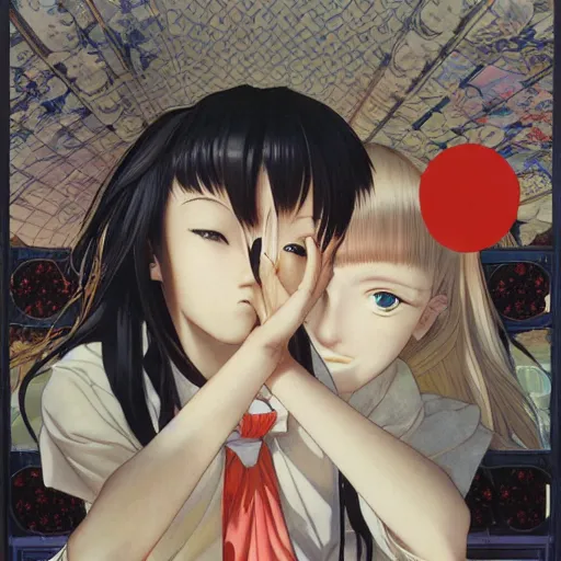 Image similar to two Japanese high school girl ,bus ,by Range Murata and mucha