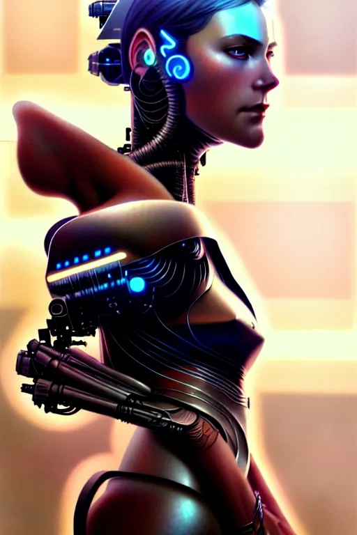 Image similar to ultra realistic, beautiful cyborg woman, sci-fi, fantasy, cyberpunk, intricate, elegant, highly detailed, digital painting, octane render, artstation, concept art, smooth, sharp focus, illustration, art by artgerm and vincent di fate and michael welan and greg rutkowski and alphonse mucha