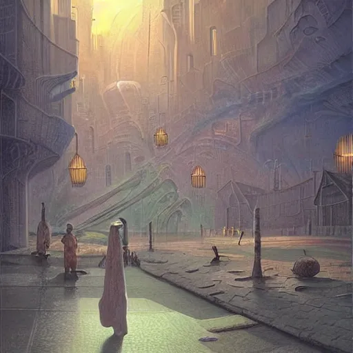 Image similar to artistic digital artwork of a city scene on an alien planet. beautiful landscape by vincent bons, michael whelan, remedios varo and gerardo dottori. grainy and rough. interesting pastel colour palette. beautiful light. oil and water colour based on high quality render.