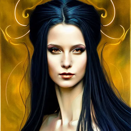 Image similar to portrait of a female wizard in flowing sensual dress, long flowing hair, delicate, looking at camera, slightly smiling, realistic face, stylish, elegant, extremely detailed painting inspired by Gerald Brom, stunning lighting