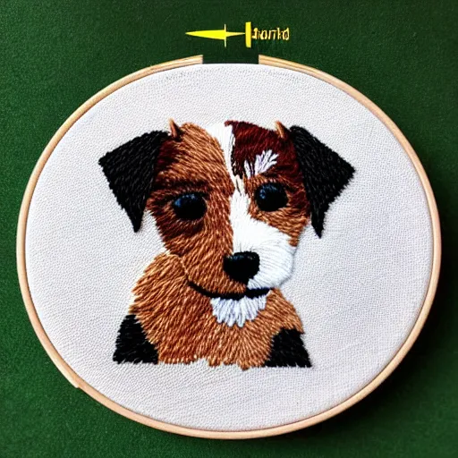 Image similar to a tiny beautiful handmade embroidery of a cute long haired jack russell terrier puppy, white with brown spots and patches over both eyes. hand embroidery.