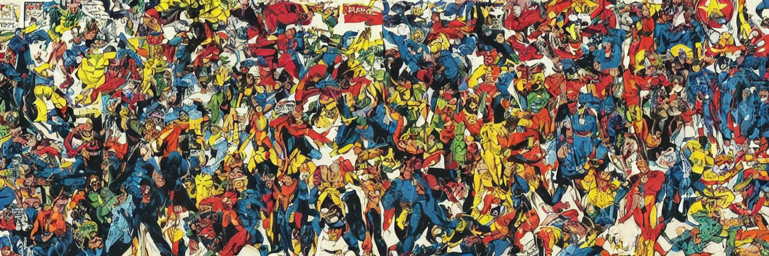 Image similar to vintage comic book art of diverse people, comics superhero, modern art,