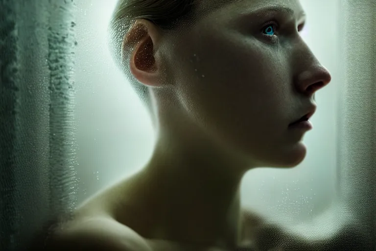 Prompt: an ultra realistic, cinematic, fantasy, portrait, of a woman, face in water, dramatic, soft light, dreamy, facial features, stood in a cell, with prison clothing, detailed, deep focus, movie still, dramatic lighting, ray tracing, by michal karcz and yoshitaka amano