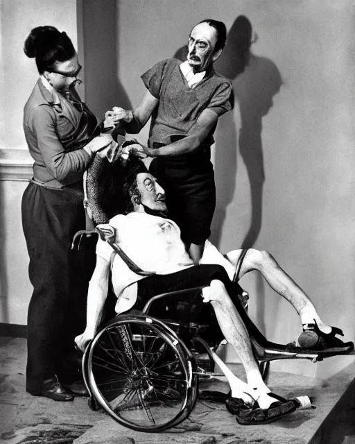 Prompt: Salvador Dali in a wheelchair with a broken leg, his arm in a cast and a black eye being pushed by an orderly who is wearing a T-Shit that says Stable Diffusion Rocks, Photorealistic