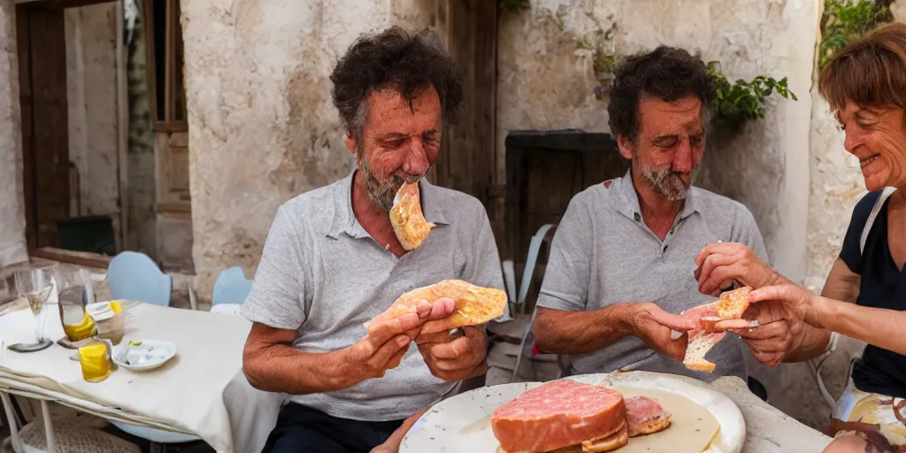 Prompt: photography of a cat sharing mortadella with his happy owner at a trullo house, photoreal, 3 5 mm, award winning photography