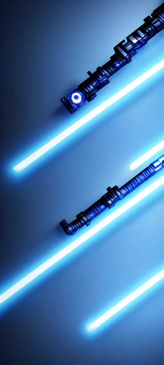 Image similar to detailed cinematic render, of a blue cyberpunk lightsaber lying vertically on a glossy floor, in a dark room, photo from above, octane render 8 k, digital art, lightsaber wallpaper 4 k, ray tracing, jedi fallen order lightsaber wallpaper 4 k, cal kestis lightsaber wallpaper