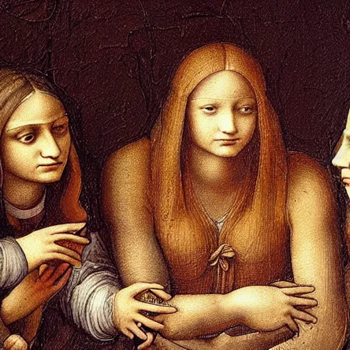 Image similar to detailed painting of students suffering in university by leonardo da vinci