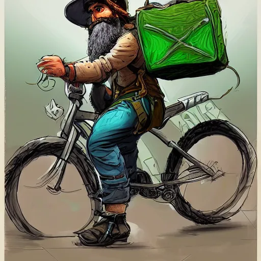 Image similar to a bearded and long haired bicycle food delivery worker with a green bag on his back in rossio lisbon, he has boots, hearthstone art style, epic fantasy style art by kim jung gi, fantasy epic digital art