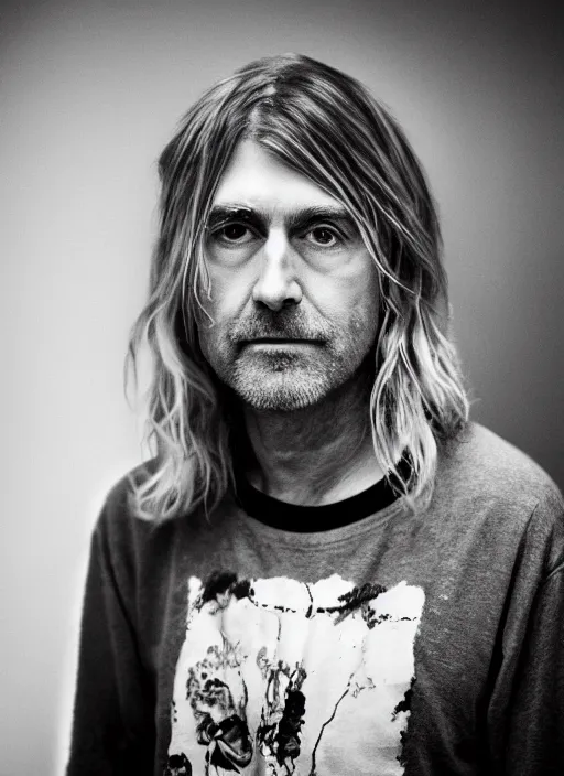 Image similar to DSLR photo portrait still of 55 year old age 55 Kurt Cobain at age 55!!!, 85mm f1.8