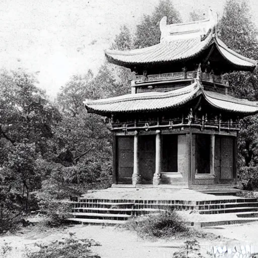 Prompt: a 1900s photograph of ancient asian temple found in the woods