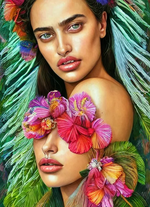 Image similar to beautiful portrait of Irina Shayk wearing fantastic Hand-dyed cotton dress,embellished beaded feather decorative fringe knots ,colorful pigtail,subtropical flowers and plants,symmetrical face,intricate,elegant,highly detailed,8k,digital painting,trending on pinterest,harper's bazaar,concept art, sharp focus, illustration, by artgerm,Tom Bagshaw,Lawrence Alma-Tadema,greg rutkowski,alphonse Mucha