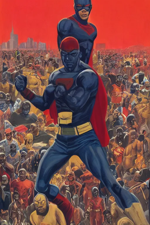 Prompt: nigerian superhero, an ultrafine detailed painting by john philip falter, austin briggs, cg society, american scene painting, dystopian art, american realism, academic art, movie poster, poster design, concert poster