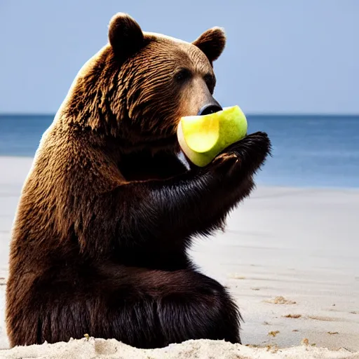 Image similar to national geographic photograph of a bear eating an apple, on the beach