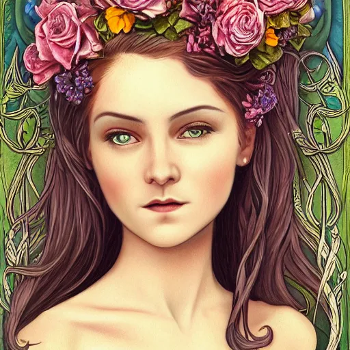 Prompt: realistic detailed face portrait of a beautiful woman with flowers in her hair by jenny savilla, fairytale, art nouveau, victorian, neo - gothic, character concept design, smooth, extremely sharp detail, finely tuned detail, story book design, storybook layout