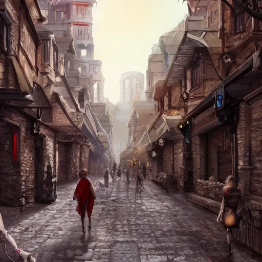 Prompt: walking down busy stone streets in d & d city with mostly small buildings surrounding a distant colosseum, artstation