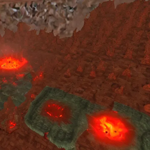 Image similar to TzKal-Zuk at the Inferno, old school runescape, lava river, magma, large shield of magma, obsidian pillars