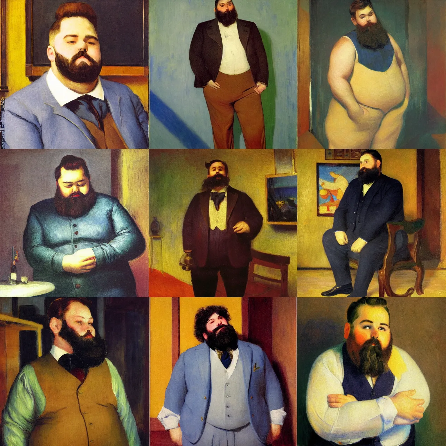 Prompt: portrait of a chubby bearded Leo-American young man, tailored clothing, glowing with colored light, painting by Franz Marc, by Jean-Léon Gérôme, by Winsor McCay, today's featured photograph, 16K