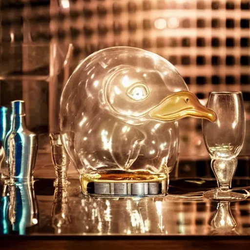 Prompt: real photo of a transparent glass in the shape of a duck in a crowded bar, fantasy, trending on artstation