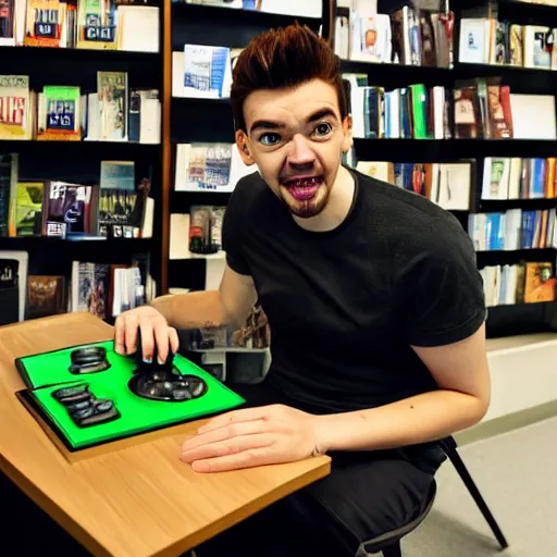 Image similar to jacksepticeye playing a video game in a bookstore