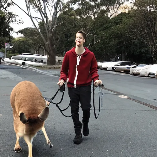 Image similar to Pete Davidson!!!, Walking a kangaroo on a leash, photo