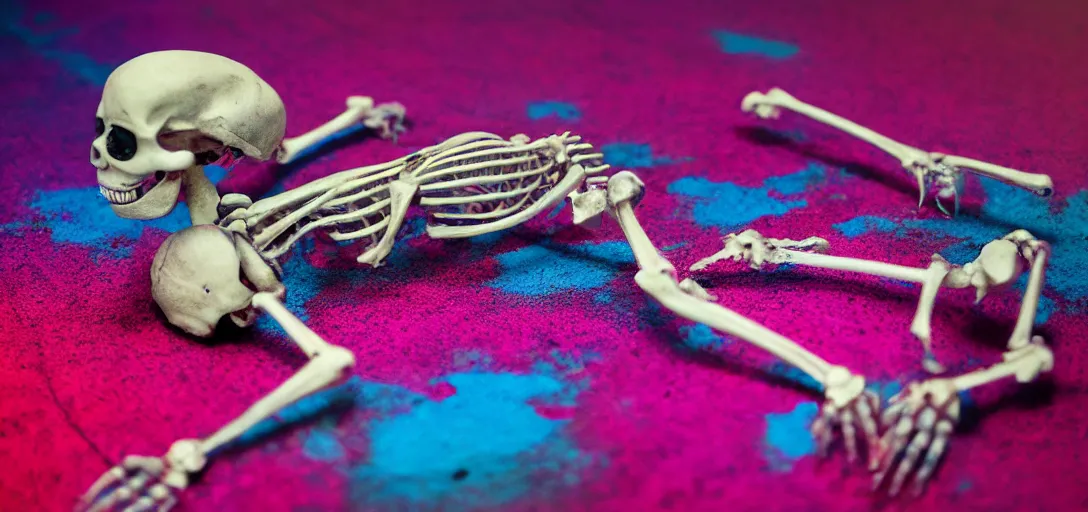 Image similar to the skeleton lies on the ground in front of the computer, magenta and blue, dof, neon