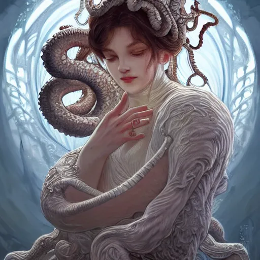 Prompt: a photograpic portrait of a anthropomorphic kraken wearing white clothes, fantasy, intricate, elegant, highly detailed, digital painting, artstation, concept art, smooth, sharp focus, illustration, art by artgerm and H R Giger and alphonse mucha